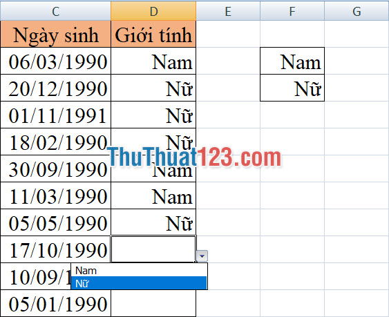 Với các phiên bản cũ hơn ta cũng sử dụng phương pháp tương tự để tạo danh sách sổ xuống trong Excel