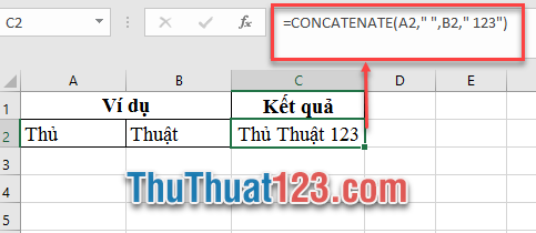 Sử dụng hàm Concatenate để nối các ô và chuỗi với nhau