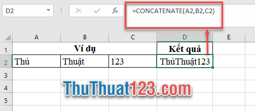 Sử dụng hàm Concatenate để nối các ô với nhau