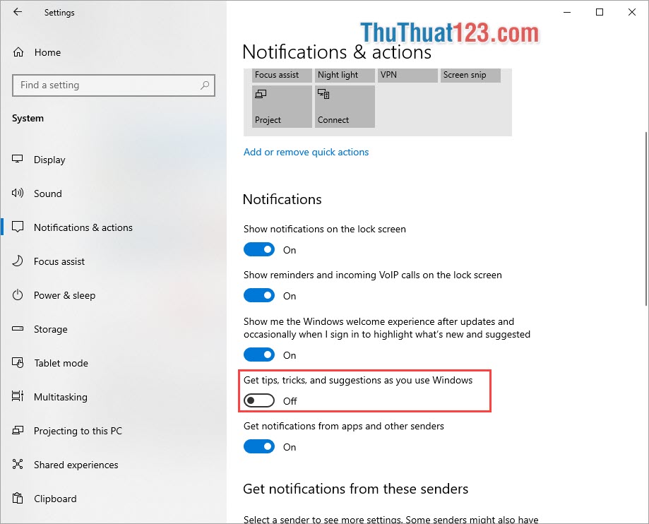 Tắt Get tips, tricks, and suggestions as you use Windows