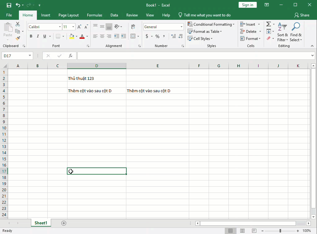 Cách thêm cột Excel