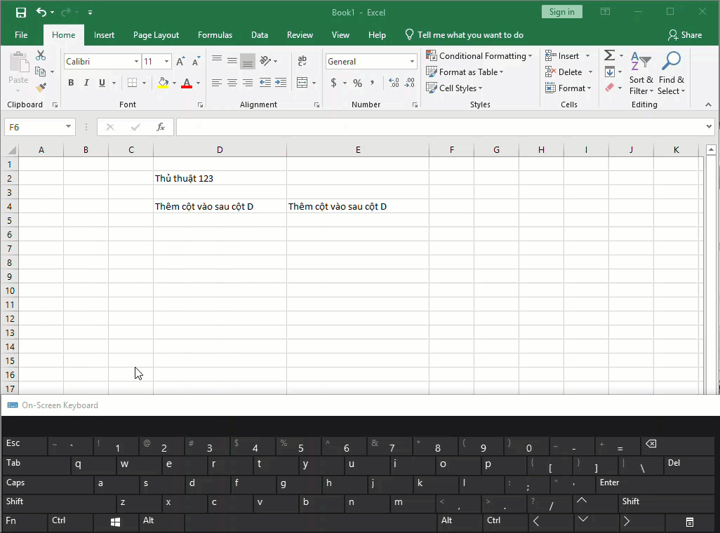 Cách thêm cột trong Excel bằng phím tắt