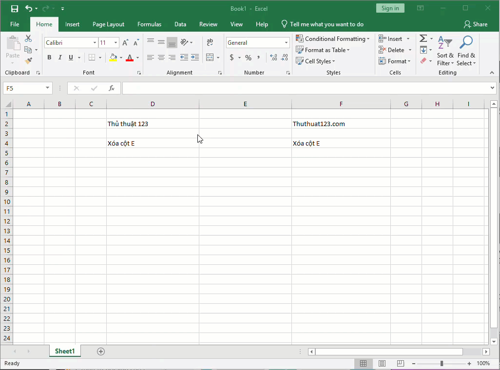 Cách xóa cột Excel