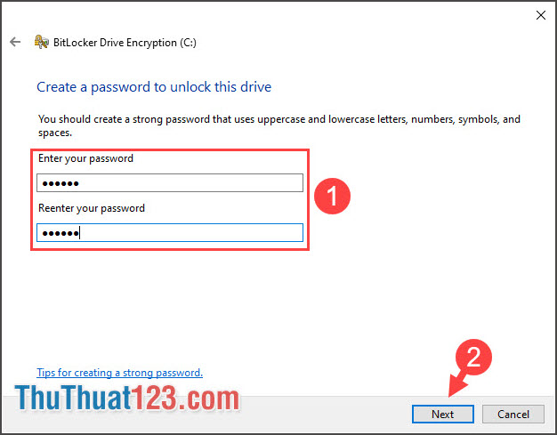 Nhập mật khẩu và xác nhận mật khẩu