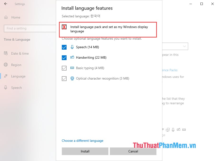 Bỏ tích Install language pack and set as my Windows display language