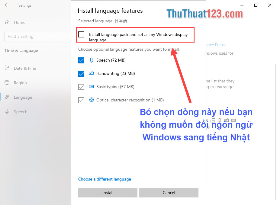 Bỏ tích Install language pack and set as my Windows display