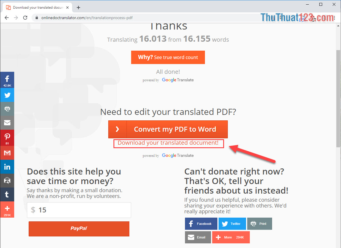 Chọn Download your translated document