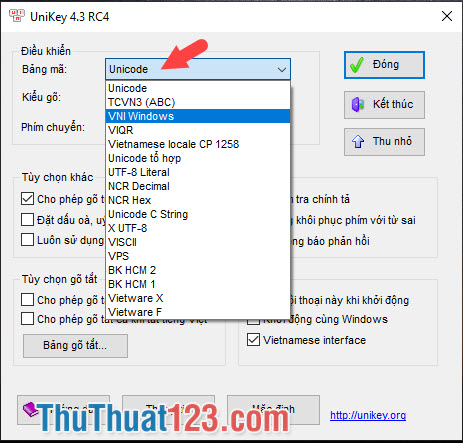 Chọn bảng mã VNI Windows cho UniKey