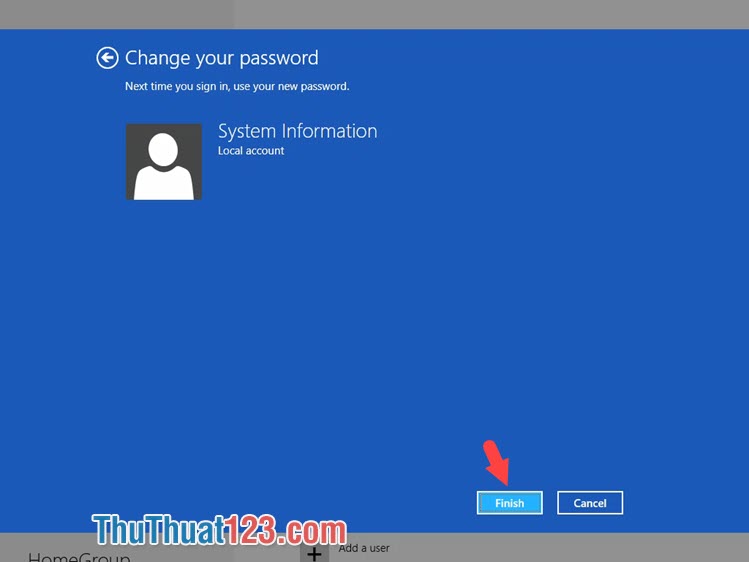 Nhấn Finish để hoàn tất đổi mật khẩu