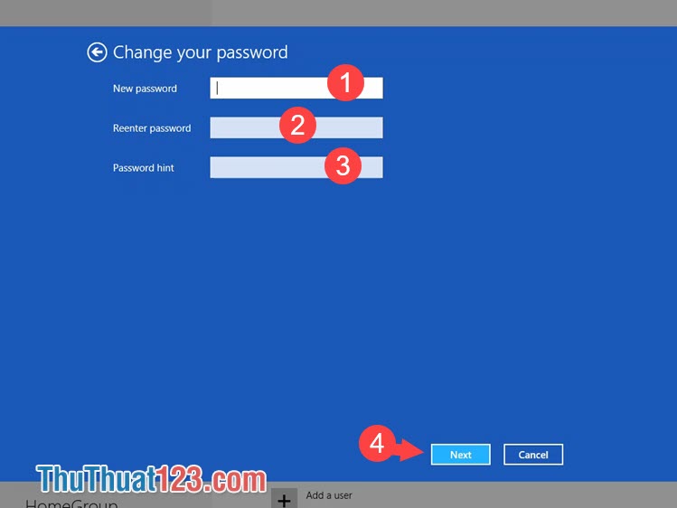 Nhập các biểu mục Change your password rồi nhấn Next
