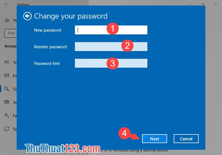 Nhập mục Change your password và nhấn Next